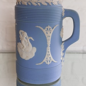 RARE Antique &quot;Wedgwood&quot; Jasperware Pale Blue Tall Jug 6&quot; High- Glazed Inner c1880