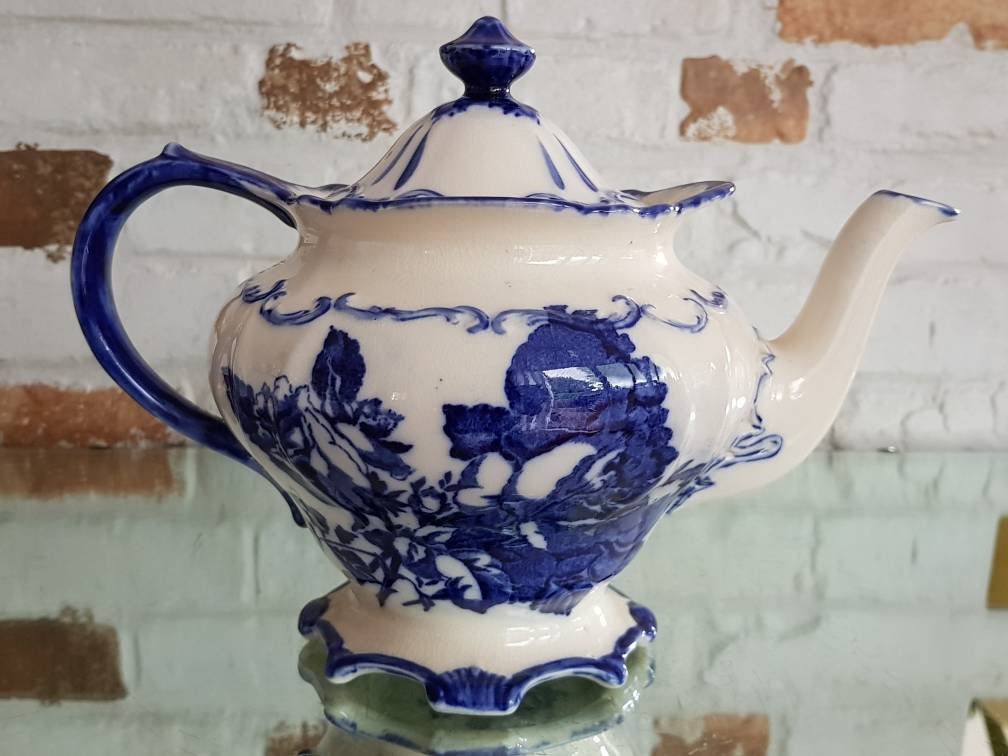 Vintage Sadler Ironstone Large Blue White Teapot Etsy