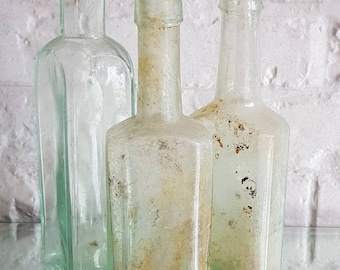Set of 3 Vintage Clear Greenish Glass Bottles!