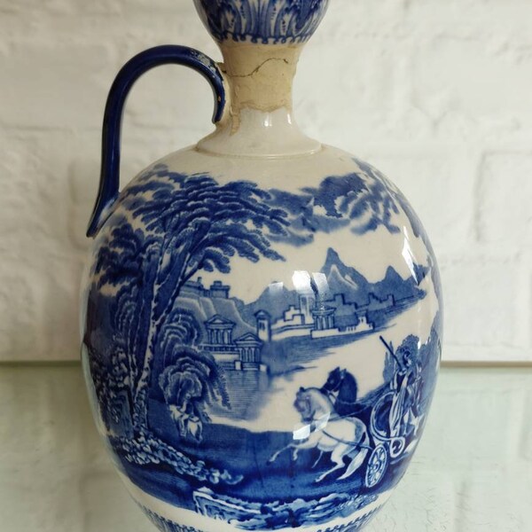 Rare Antique Cauldon Arcadian "Chariot" Pattern Blue & White 7.5" Vase c1920