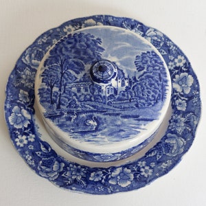 May include: A blue and white ceramic butter dish with a matching plate. The dish features a scenic landscape design with a swan on the water. The plate and dish have a floral border.