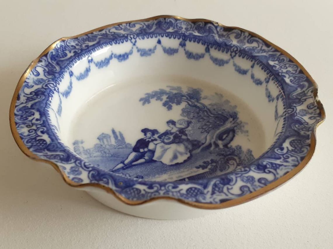 Antique Royal Doulton Trinket Dish Blue White With Gilding Etsy
