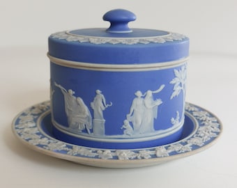 RARE Wedgwood Jasperware Lidded Small Trinket Bowl- Butter- Cheese Dish- Attached Base c1900- 1909