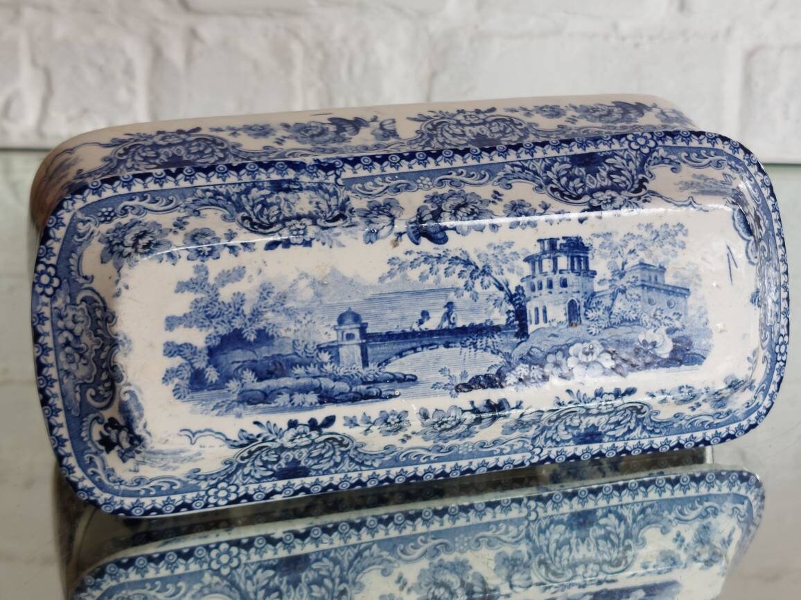 Antique Victorian Blue White Transferware Toothbrush Razor Lidded Box ...