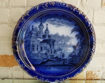 Antique Victorian Semi Porcelaine Transfer Flow Blue LARGE 10.2" Plate c.1800s