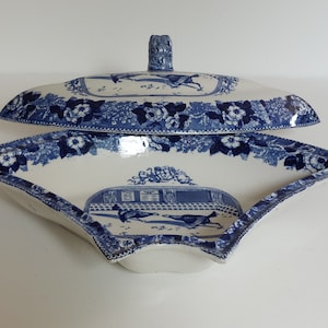 RARE LARGE 13.5&quot; Staffordshire Blue + White Transfer Decorated Tureens Lion Finial Handle- Early 19th Century- 3 Available For Purchase