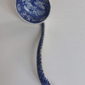 RARE Antique Victorian Large 10&quot; Blue + White China Ladle c1840- 1900