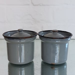 Scarce Antique Grey Enamel Pair Mustard Pots c1920
