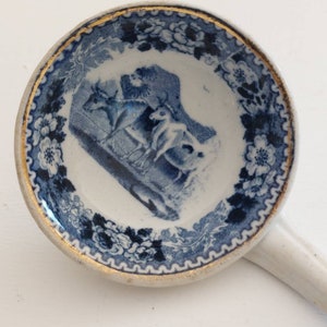 Antique Blue & White Transfer Printed Earthenware Small Ladle With Cattle Scene c1900s