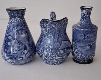 Precious Antique Bundle 3 Pieces English Decorative Pottery by Fenton "Ye Olde Foley Ware" c1900