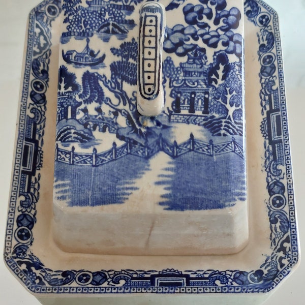 Antique "Willow" Pattern Large Butter Dish c1900s