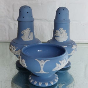 Vintage Wedgwood Blue Jasperware Salt + Pepper + Mustard Pots 1952