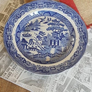 Antique Blue and White Staffordshire Willow Pattern &quot;Opaque Granite&quot; Large 9&quot; Dinner Plate