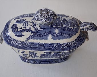 Antique English Willow Pattern Tureen with Ladle, c1850