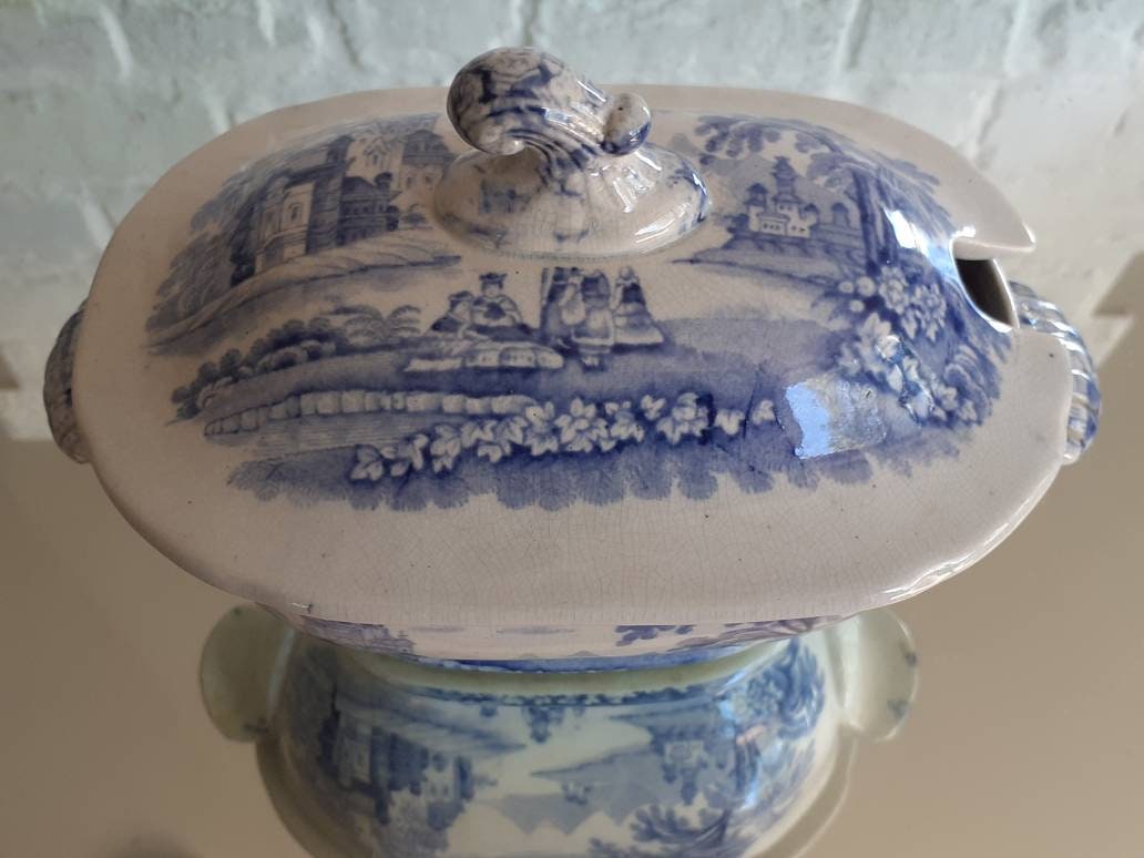 ancien 18e - 19e siècle transferware petite soupière à couvercle magnifique