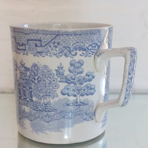 Antique Pale Blue + White &quot;Willow&quot; Pattern LARGE Heavy Tankard c1800s