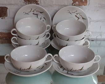 Set vintage "Ridgway" di 6 ciotole con due manici e piattini coordinati: 12 pezzi in totale!