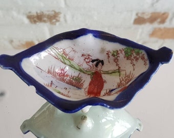 RARE Antique Small 4 Footed Salt Pig Asian Pattern- Glazed Dish! Collectable! 4" Long