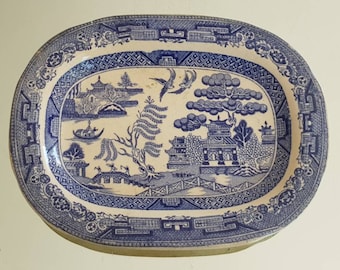 Victorian Early Blue Transferware Willow Pattern Small Oblong Dish- Plate c1900- 1909