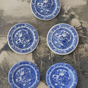 May include: A collection of five small, round blue and white plates. Each plate features a detailed, traditional Willow pattern design. The plates are arranged on a neutral background, showcasing their intricate patterns and classic aesthetic.