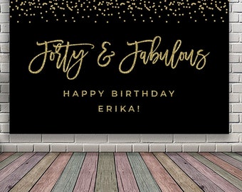 Decoración de 40 cumpleaños Fondo negro y dorado Banner de cumpleaños negro y dorado Telones de fondo cumpleaños Cuarenta y fabuloso