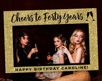 Birthday decorations gold 40th birthday frame gold Photo prop frame gold glitter Cheers to 40 years banner black and gold
