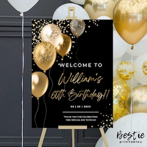 Birthday welcome sign, 50th birthday party poster board, Birthday party decorations, Gold balloons, 60th birthday, Any age, Black and gold