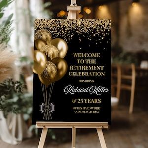 Retirement celebration welcome sign, Retirement board, Retirement party decorations black and gold, Printed poster, Balloons