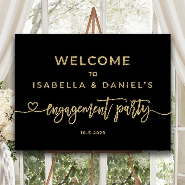 Engagement party welcome sign black and gold Engagement welcome sign printable Engagement decorations black gold elegant