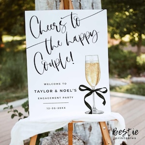 Modern engagement party welcome sign, Cheers to the happy couple, Black bow theme, Poster board, Couples shower, Rehearsal dinner, Wedding
