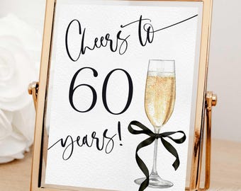 Cheers to 60 years sign, 60th birthday party sign, 60th anniversary sign, Cheers to sixty sign, Black bow, Coquette, Modern, Printable