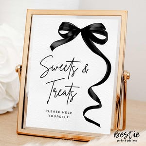 Sweets and Treats Schild, schwarze Schleife, Birthday Party Decor (Digitaler Download)