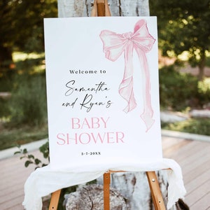 Pink bow baby shower welcome sign, Coquette baby shower poster, Pink ribbon, Poster board, Printable download