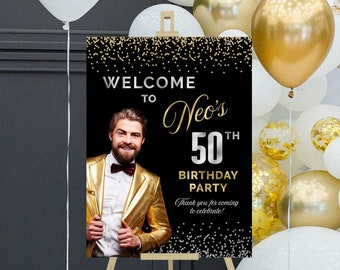 New Years birthday welcome sign, 50th birthday party decorations black gold silver, Birthday foam board poster with photo, Personalized