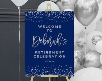 Retirement party decorations navy blue and silver, Retirement party welcome sign, Retirement celebration foam board