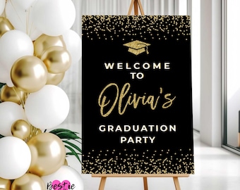 Black and Gold Graduation Welcome Sign, Grad Party Decor (Foam Board or Digital Download)