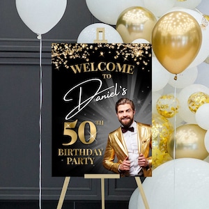 Cartel de bienvenida de cumpleaños de hito con foto, cartel de cumpleaños número 50 personalizado, tablero de bienvenida, decoraciones de fiesta de cumpleaños en negro y oro