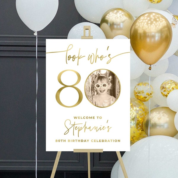 80th birthday party decorations for women, with photo, Look who's 80 welcome sign, for easel, welcome poster, for women or men, personalized