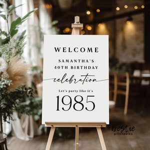 Minimalist 40th birthday welcome sign, Party like its 1985, Birthday poster board, Adult birthday decorations, Printable, Modern, Any age