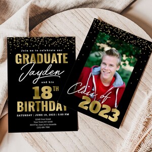 Graduation and 18th birthday invitation with picture Birthday and graduation invitation men Grad invite with photos for him Black and gold