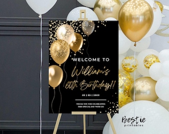 Birthday welcome sign, 50th birthday party poster board, Birthday party decorations, Gold balloons, 60th birthday, Any age, Black and gold