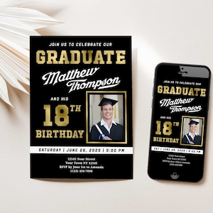 Boy graduation and birthday invitation with photo, 18th birthday and graduation invitations, Birthday and graduation invites, Black and gold