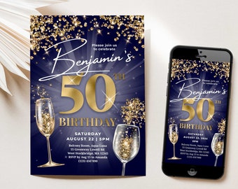 50th birthday invitation for men Any age birthday invitation for women 30th 40th 60th 70th 80th 90th birthday invitations navy blue and gold