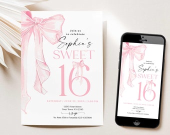 Pink bow sweet 16 invitation, Coquette invitations, Sweet 16th teenage birthday party invite, for girls, paper invitations with envelopes