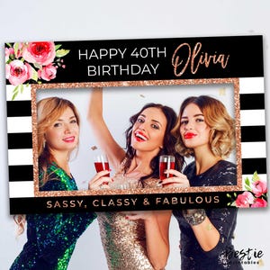 40th birthday photo booth frame, Birthday party decorations rose gold, Forty and fabulous, Pink flowers, Banner for photos, Selfie frame