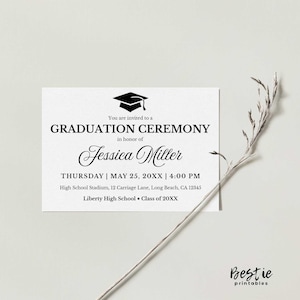 Cartão para cerimônia de formatura 3,5x5, imprimível ou impresso, 3 opções de tamanho, cartão com detalhes, inserções de informações personalizadas, personalizado.