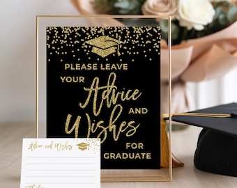 Letrero con consejos y deseos, decoración negra y dorada para fiesta de graduación (descarga digital)