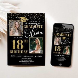 Graduierung und Geburtstagseinladung mit Fotos 18. Geburtstag und Graduierung Einladungen Geburtstagsparty und Abschlussfeier Grad einladen