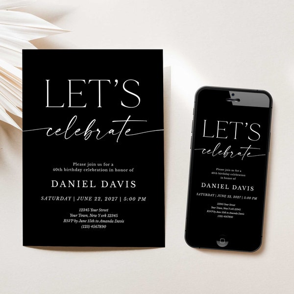 Black birthday invitation, Let's celebrate, Minimalist birthday invites, Printed invitations with envelope, Text invite