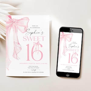 Pink bow sweet 16 invitation, Coquette invitations, Sweet 16th teenage birthday party invite, for girls, paper invitations with envelopes